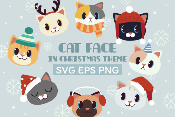 Cat Face Clipart in Christmas Theme Graphics & Illustrations