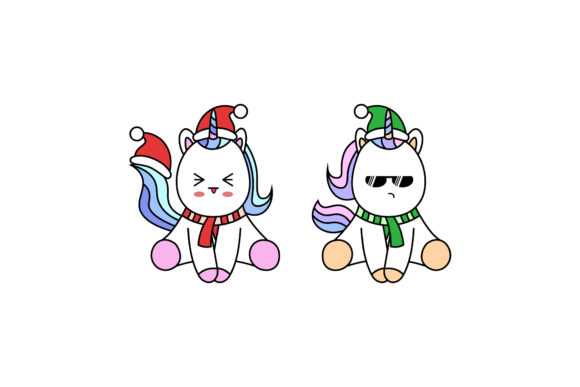 Christmas Unicorns Vector Kawaii Set: Graphics & Illustrations